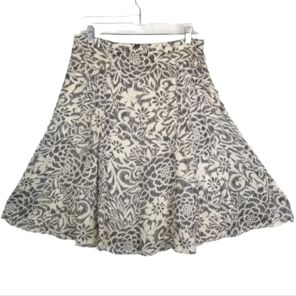 Sigrid Olsen Silk Midi Skirt Womens Size 6 A Line Floral Print Artsy Cream Gray